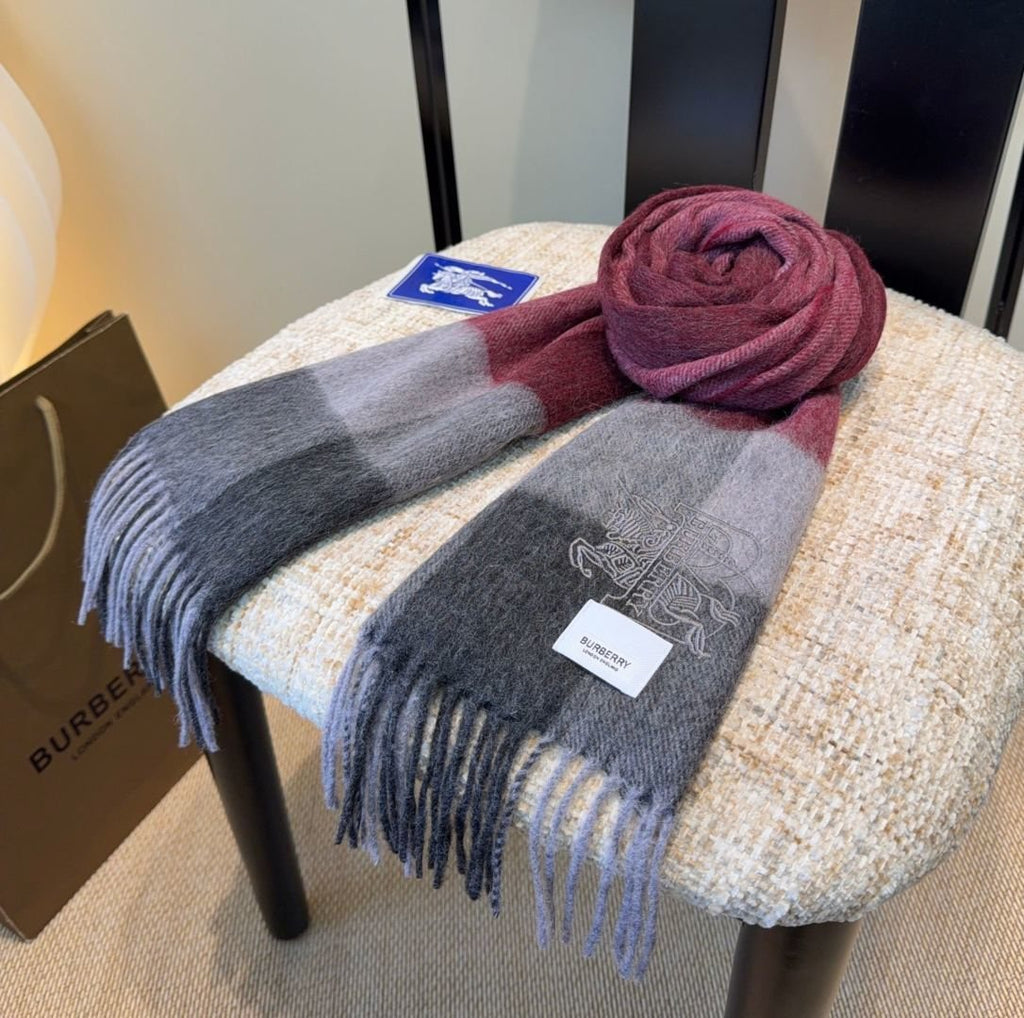 Burberry Burgundy Plaid Fringed Scarf — front