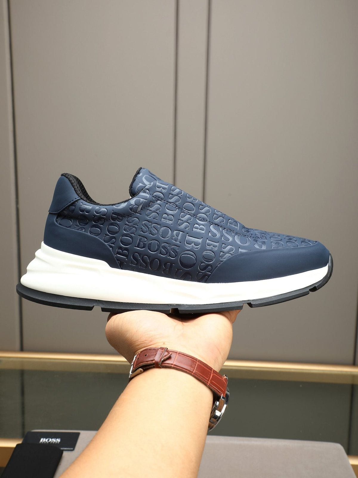 BOSS Navy Textured Slip-On Sneakers — model