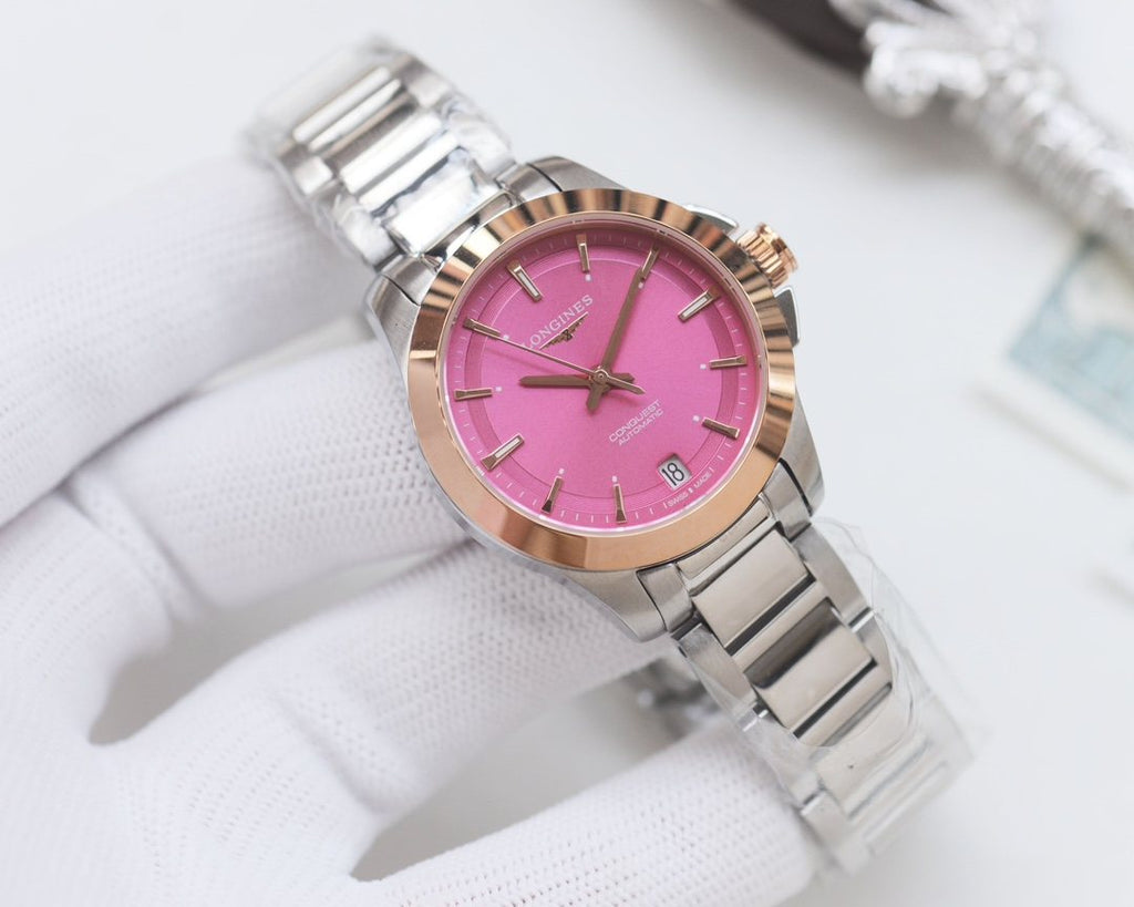 Longines Rose Gold Silver Pink Dial Bracelet Watch — hero