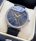 IWC Silver Black Blue Dial Leather Strap Watch — hero