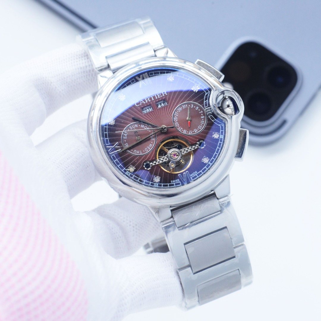Cartier Silver Brown Dial Leather Strap Watch — front