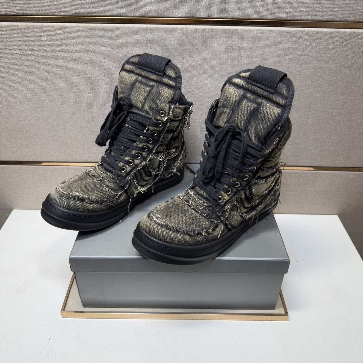 Charcoal Gray and Black High-Top Sneakers — front