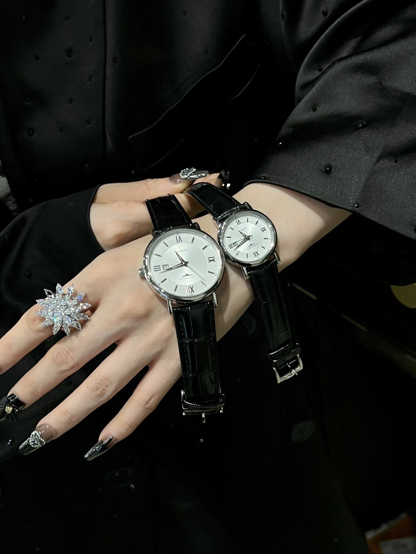 Longines Black Silver White Dial Leather Strap Couple Watch Set — hero