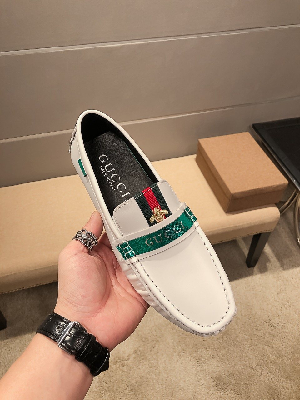 Gucci White Web-Stripe Loafers — front