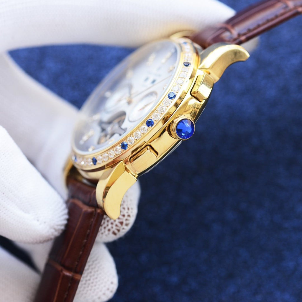 Patek Philippe Gold Brown White Dial Leather Strap Watch — side