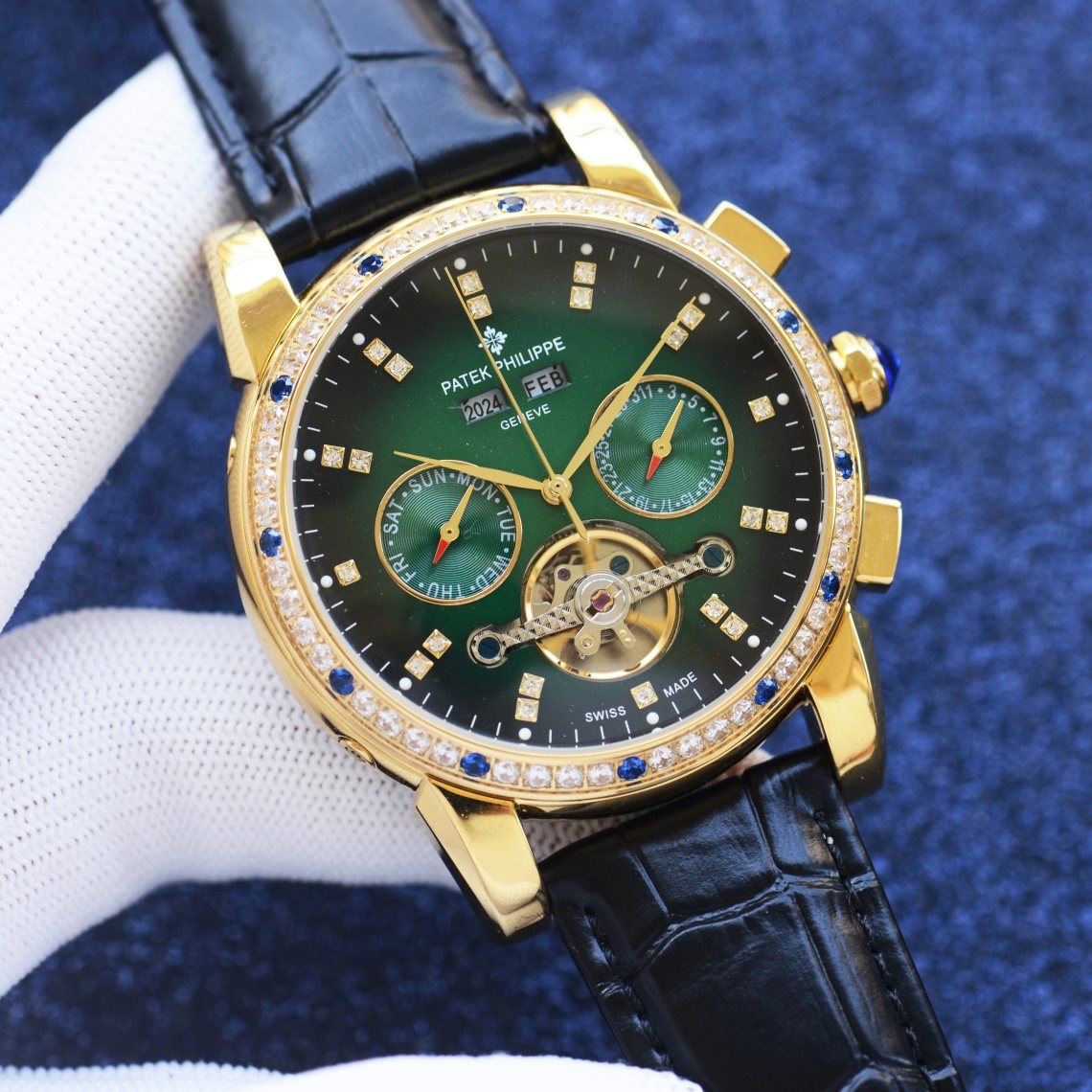 Patek Philippe Gold Black Green Dial Leather Strap Watch — hero