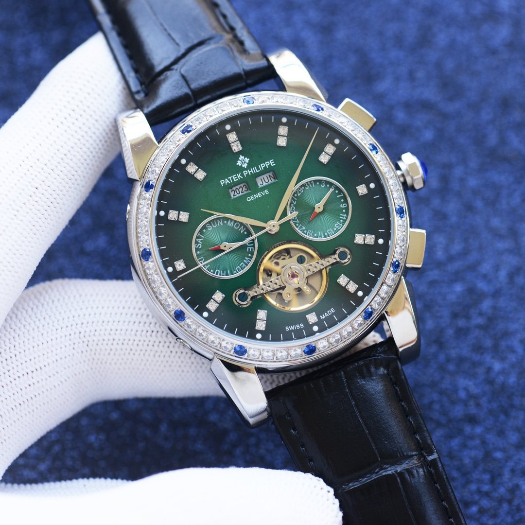 Patek Philippe Silver Black Green Dial Leather Strap Watch — hero