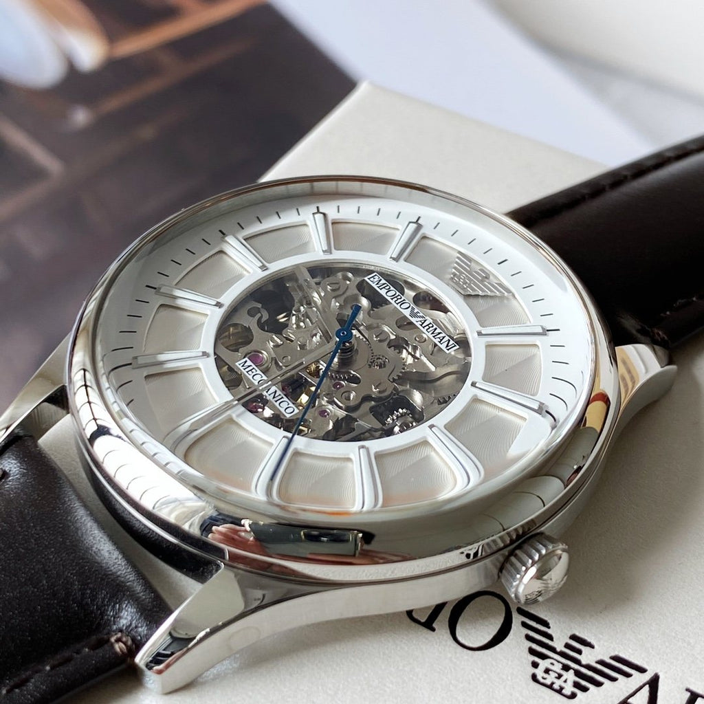 EMPORIO ARMANI Silver White Leather Strap Watch — side
