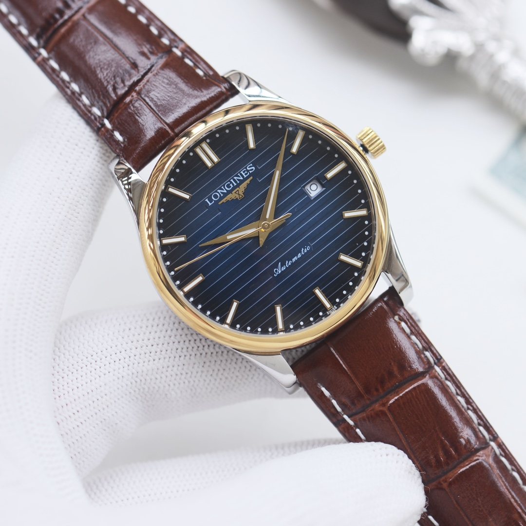 Longines Brown Gold Blue Dial Leather Strap Watch — hero