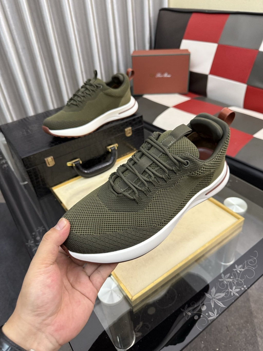 Olive Green Mesh-Like Low-Top Sneakers — front