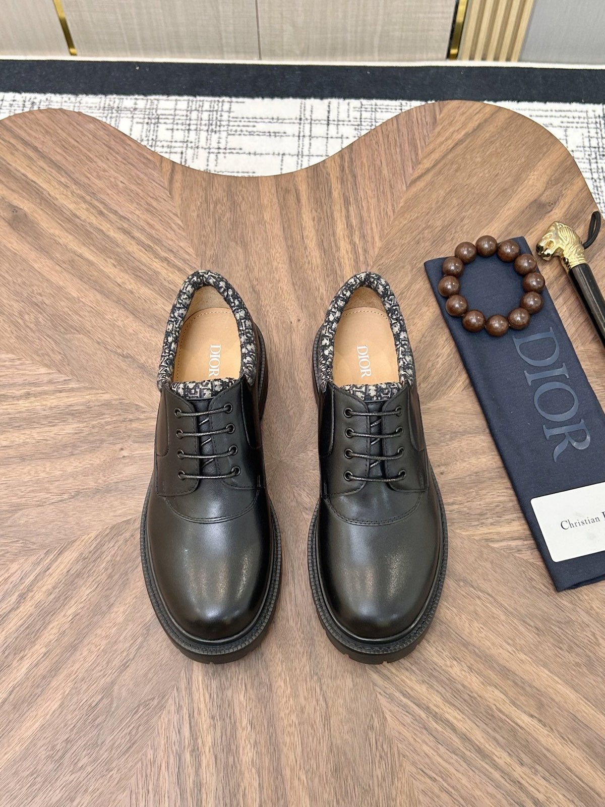 Dior Black Patterned-Collar Lace-Up Shoes — hero