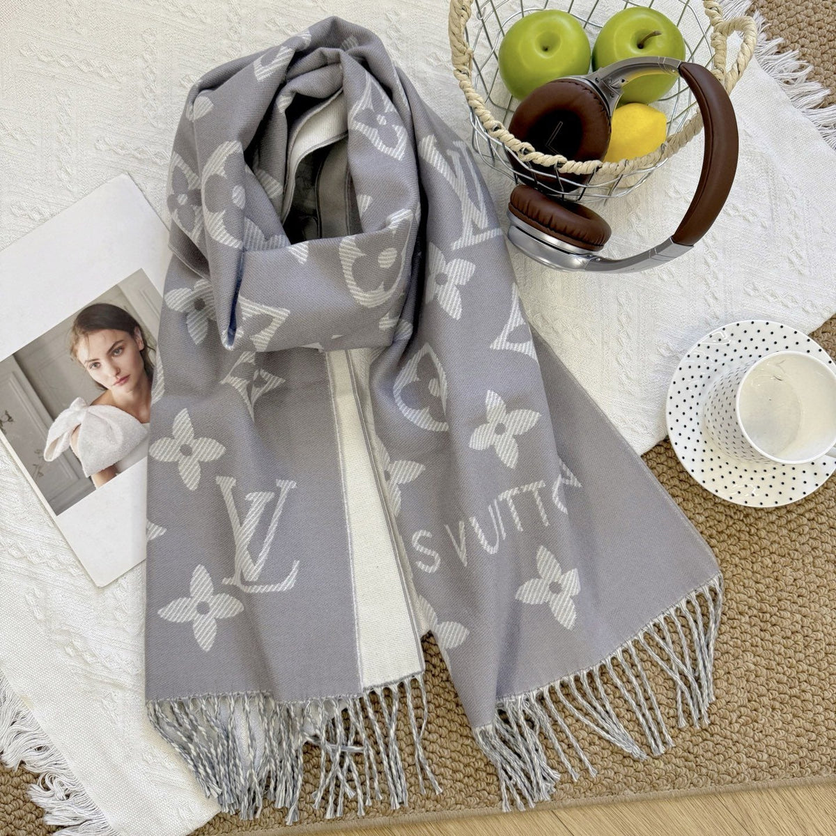 Louis Vuitton Beige & White Fringed Scarf — front