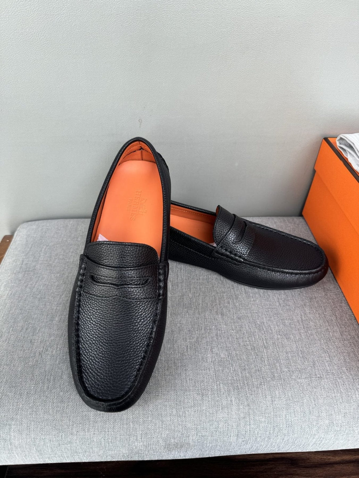 Hermès Black Textured Penny Loafers — front