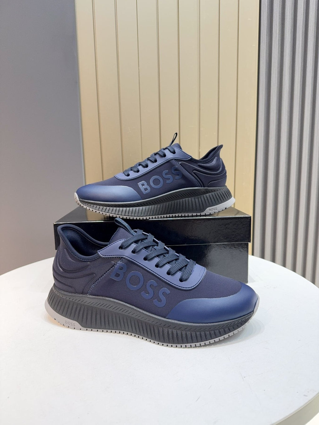 BOSS Navy Blue Lace-Up Sneakers — front
