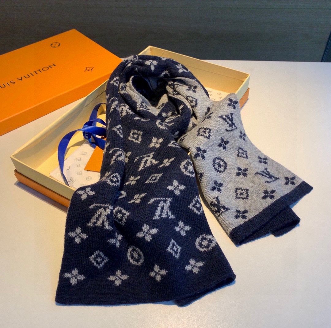 Louis Vuitton Navy and Gray Monogram Knit Scarf — front
