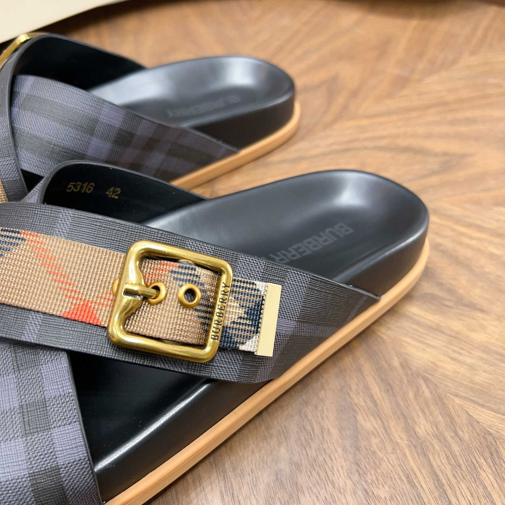 Burberry Charcoal Check Buckle Slide Sandals — detail