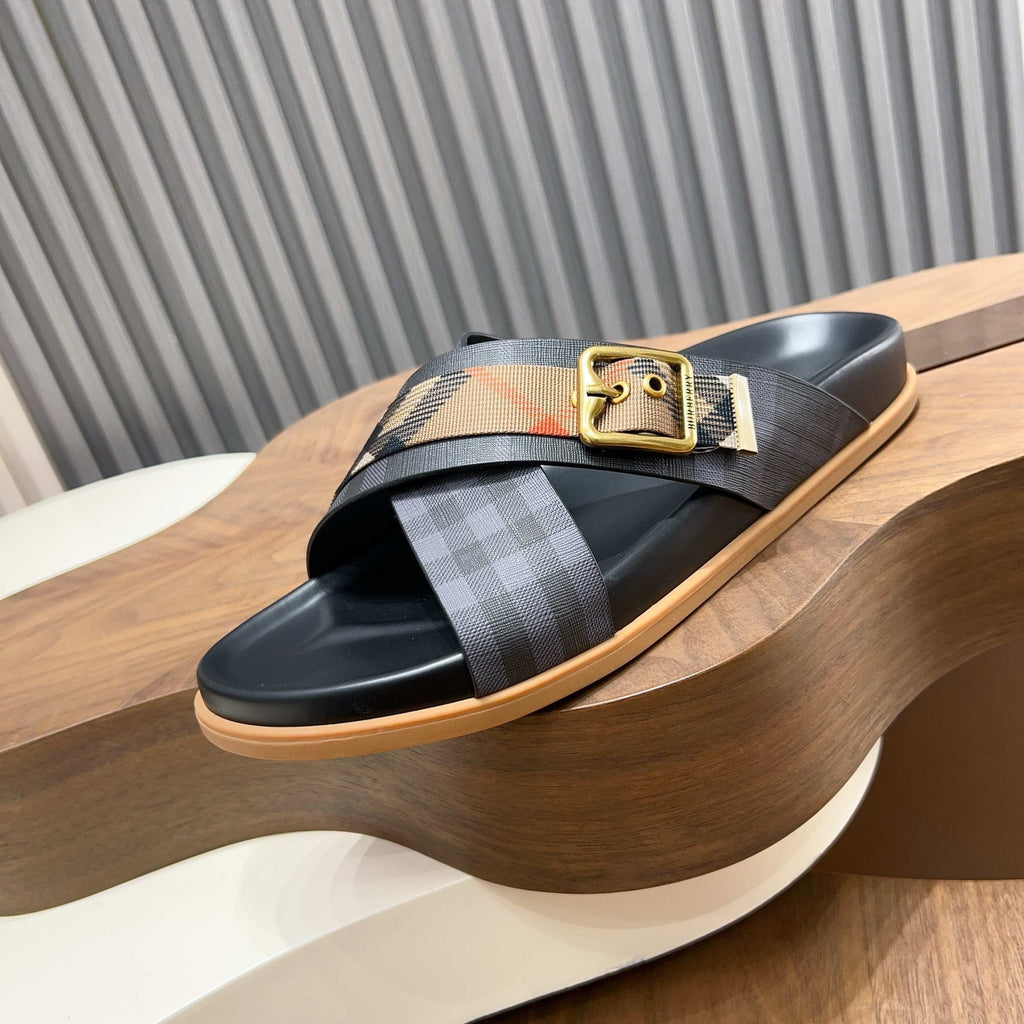 Burberry Charcoal Check Buckle Slide Sandals — side