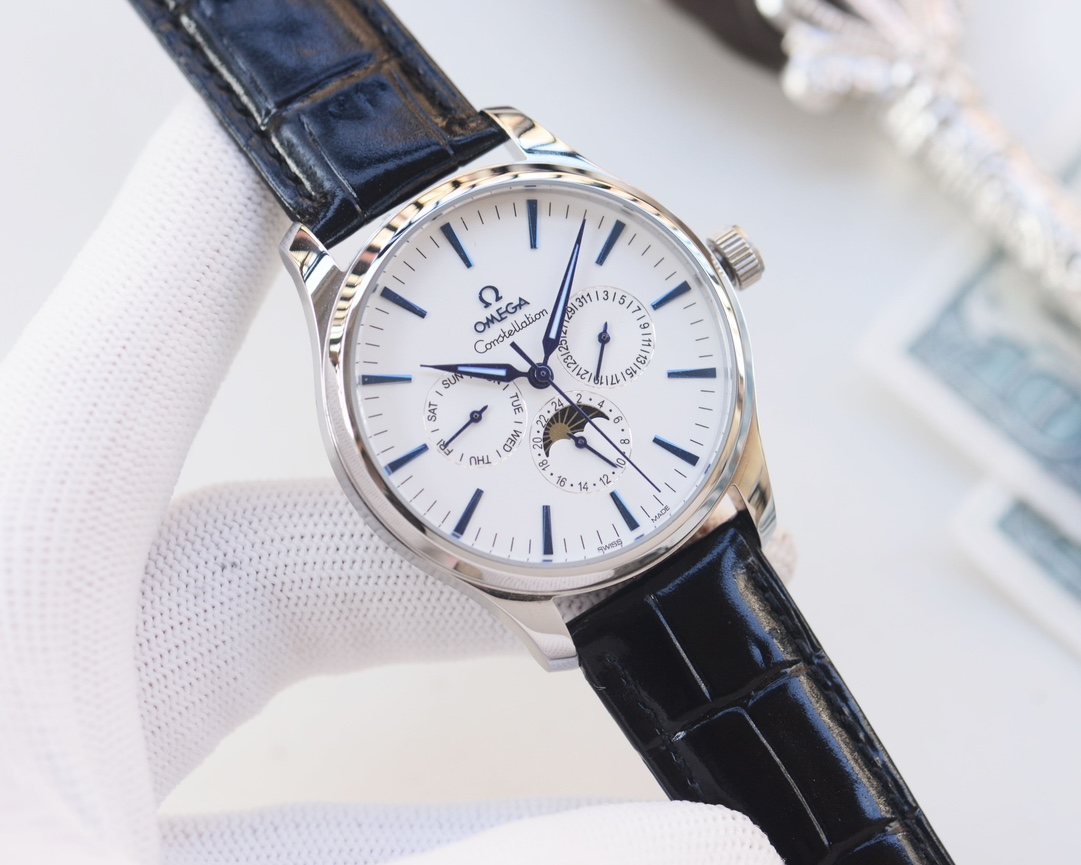 Omega Silver Black White Dial Leather Strap Watch — front