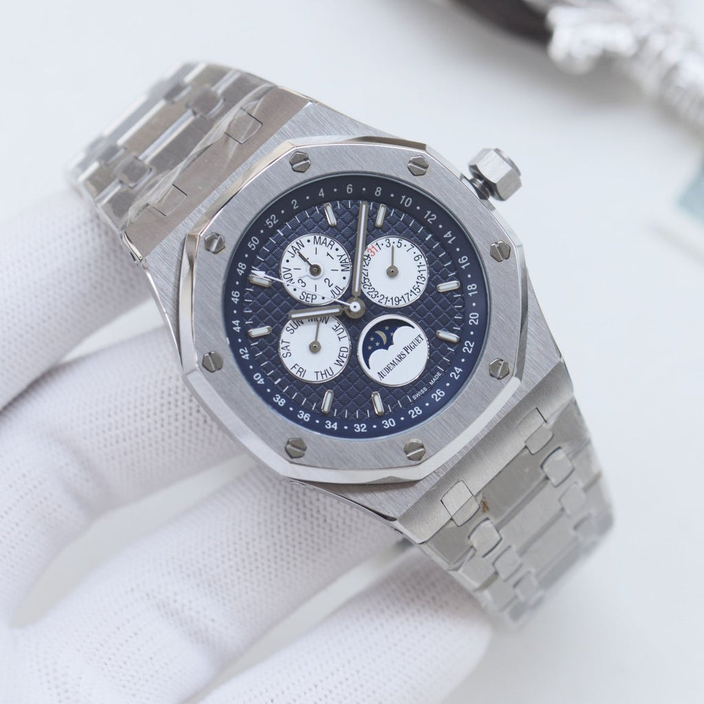 Audemars Piguet Silver White Blue Dial Bracelet Watch — front