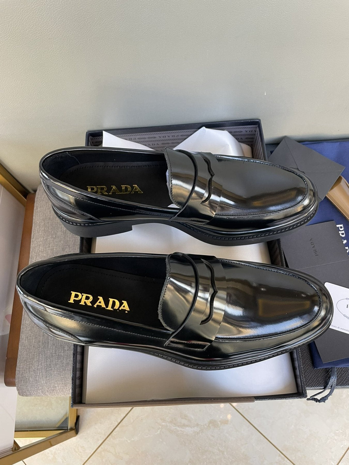 Prada Black Glossy Strap Loafers — front