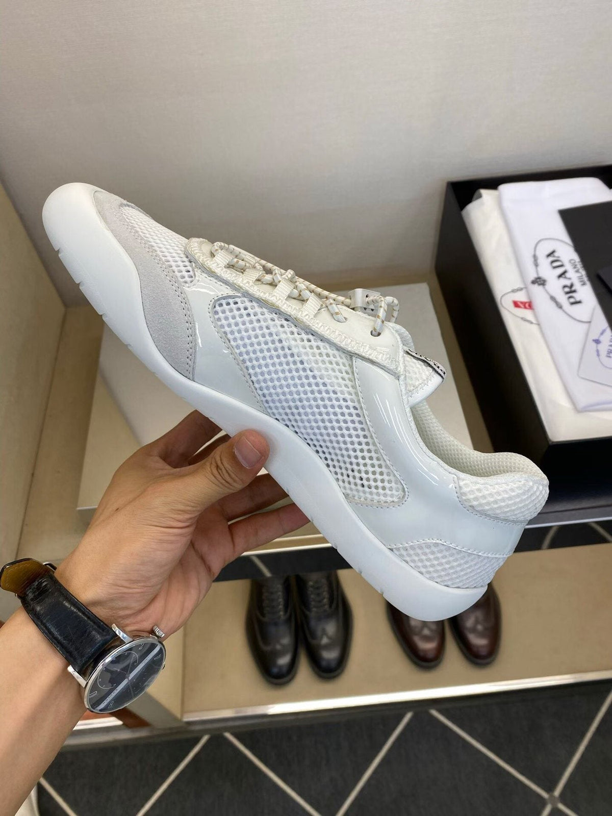 Prada White and Light Gray Mesh Sneakers — side
