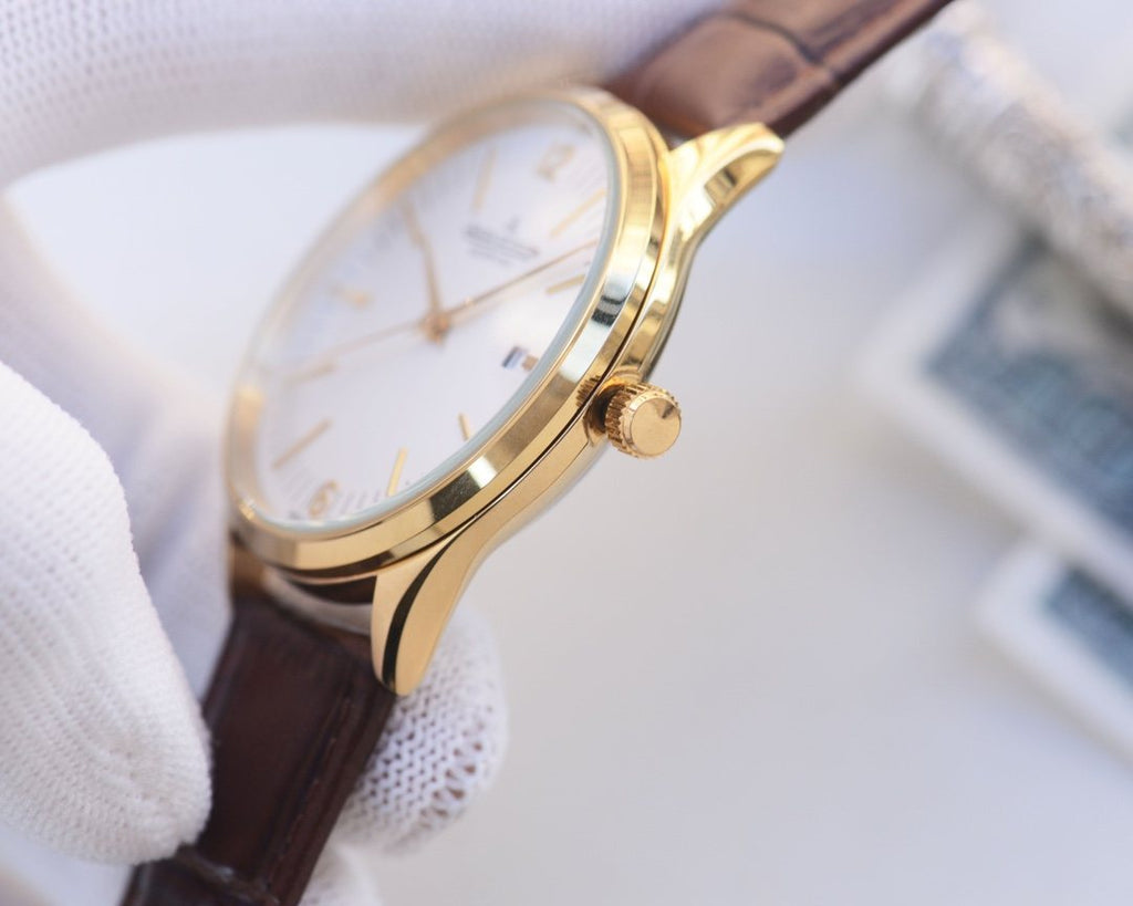 Jaeger-LeCoultre Gold Brown White Dial Leather Strap Watch — side