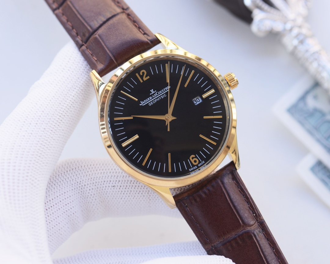 Jaeger-LeCoultre Gold Brown Black Dial Leather Strap Watch — hero