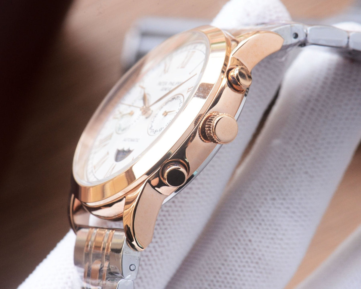 Patek Philippe Rose Gold Silver Black Dial Bracelet Watch — side