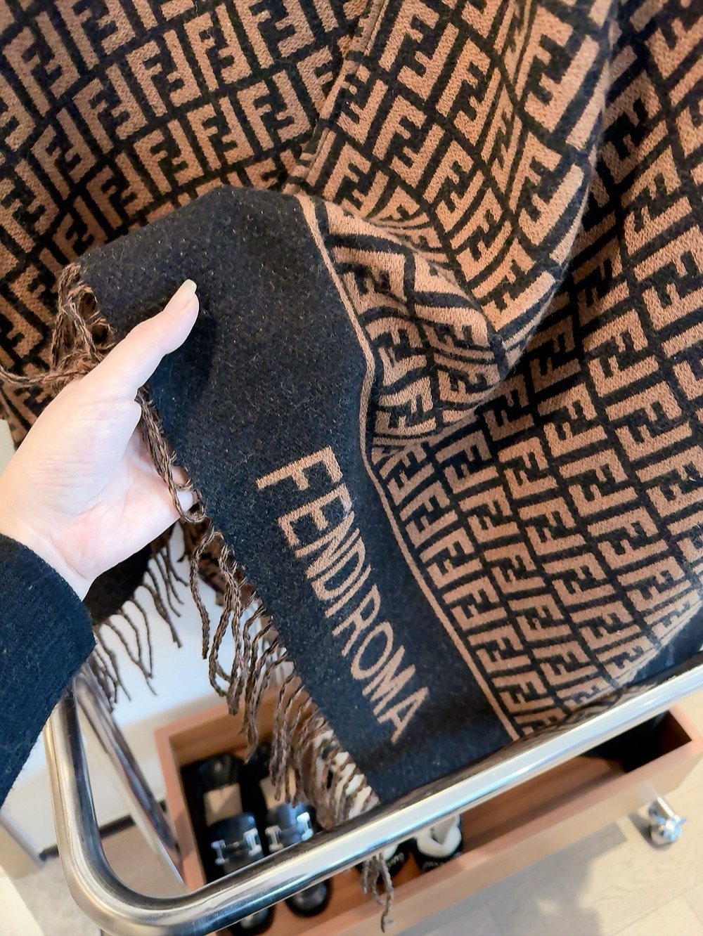 Fendi Brown and Black Fringed Cape — detail