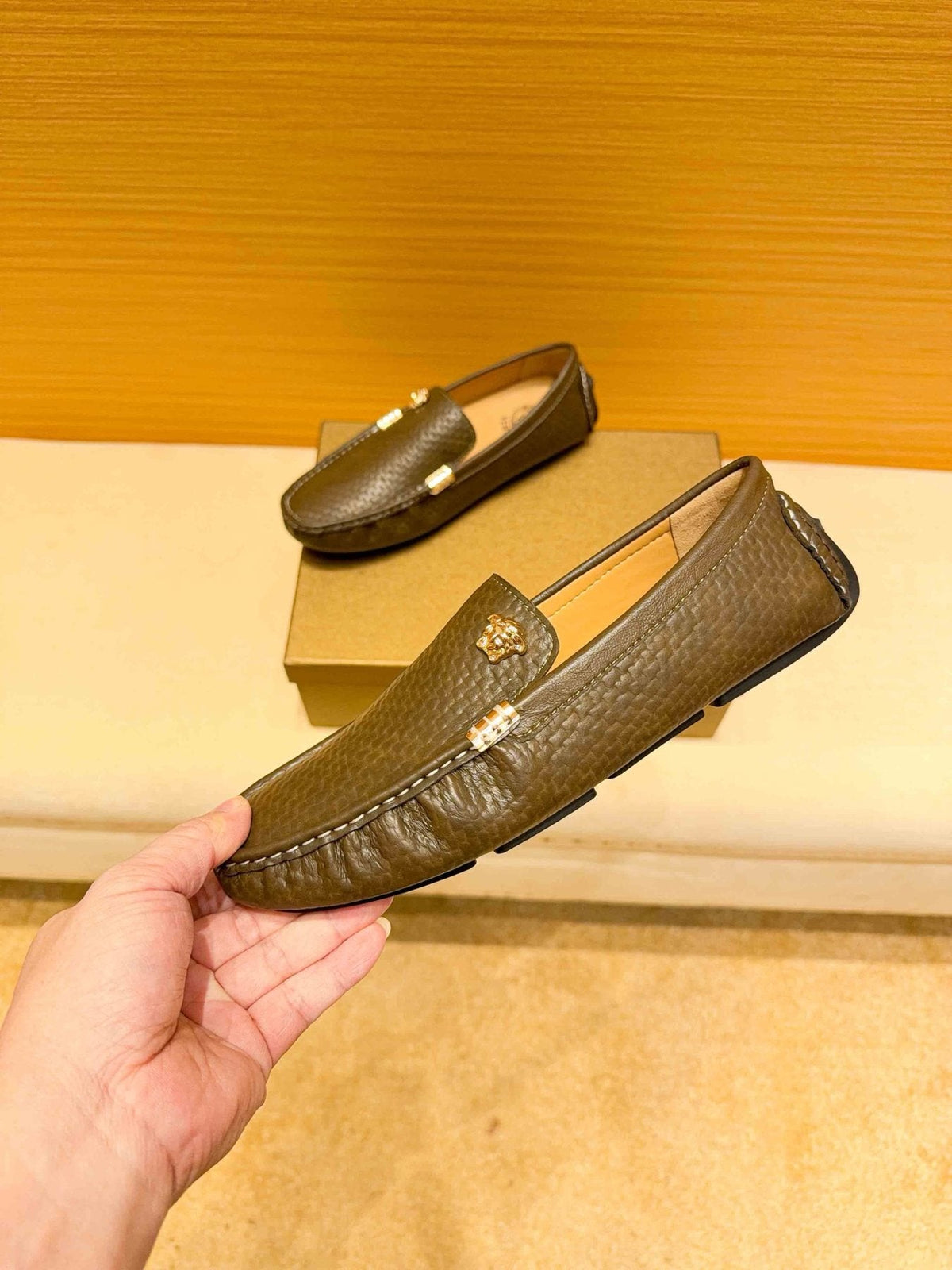 Versace Brown Textured Loafers — front