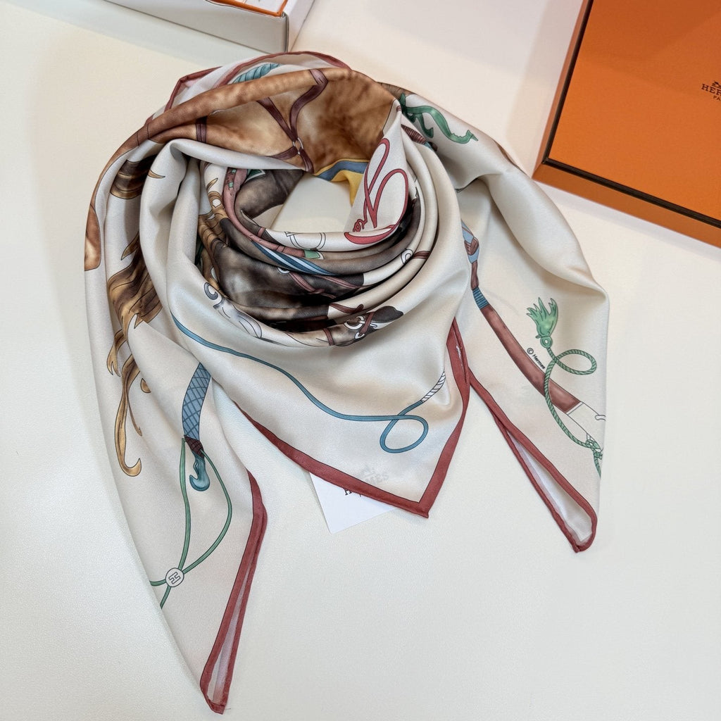 Hermès Cream Equestrian Silk Square Scarf — detail