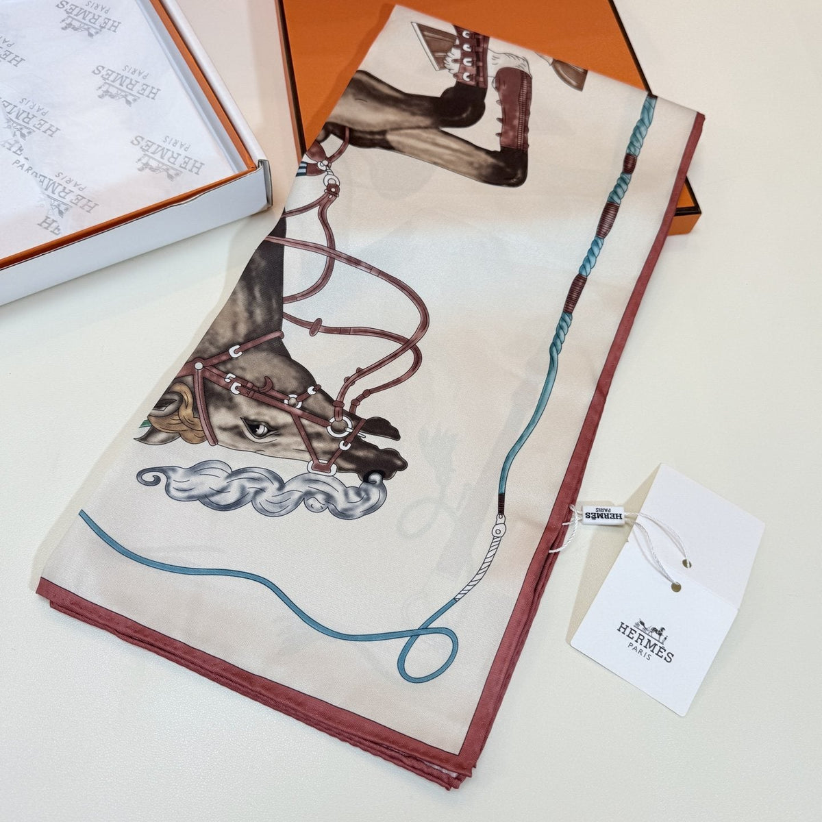 Hermès Cream Equestrian Silk Square Scarf — detail