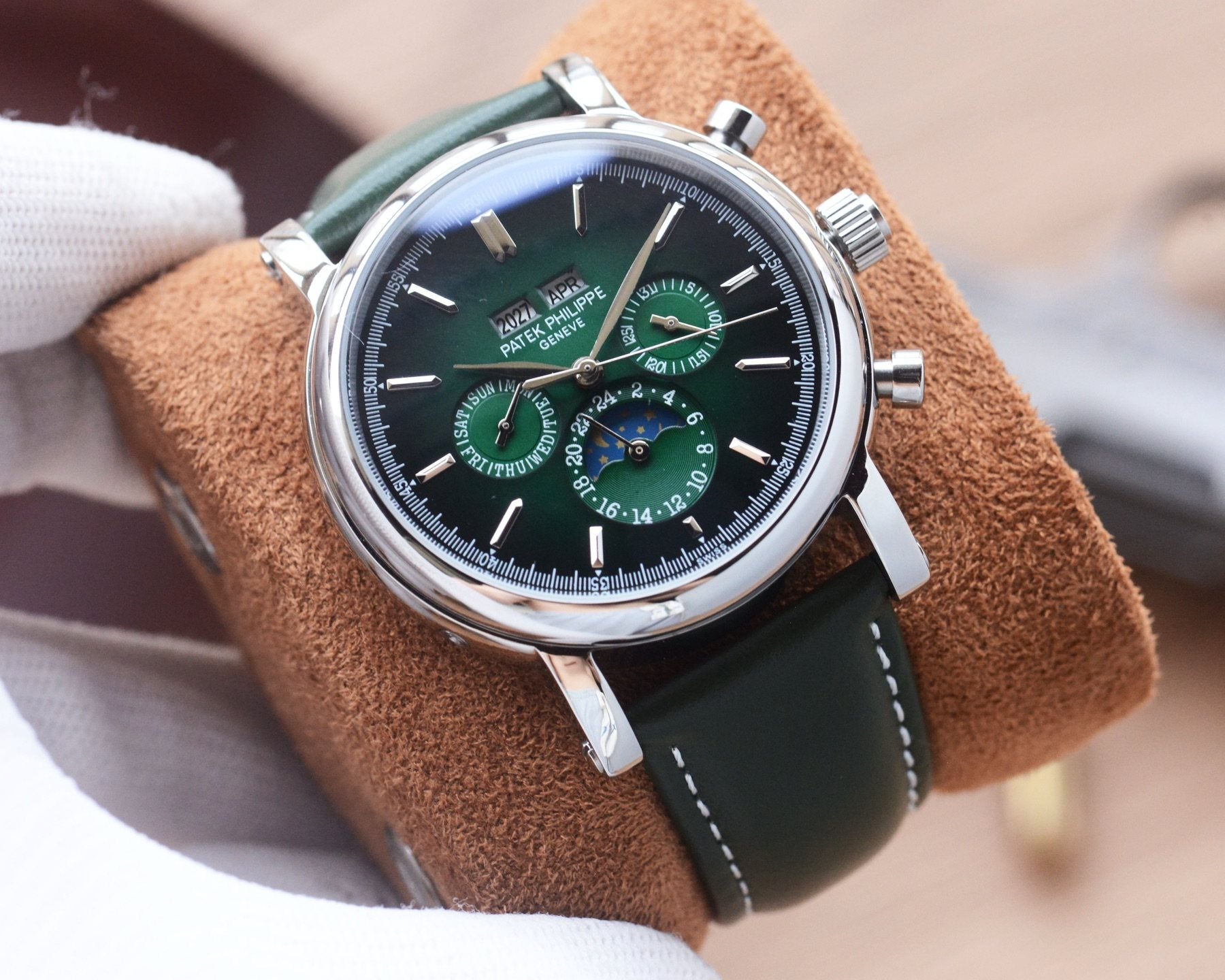 Patek Philippe Silver Green Dial Leather Strap Watch — hero