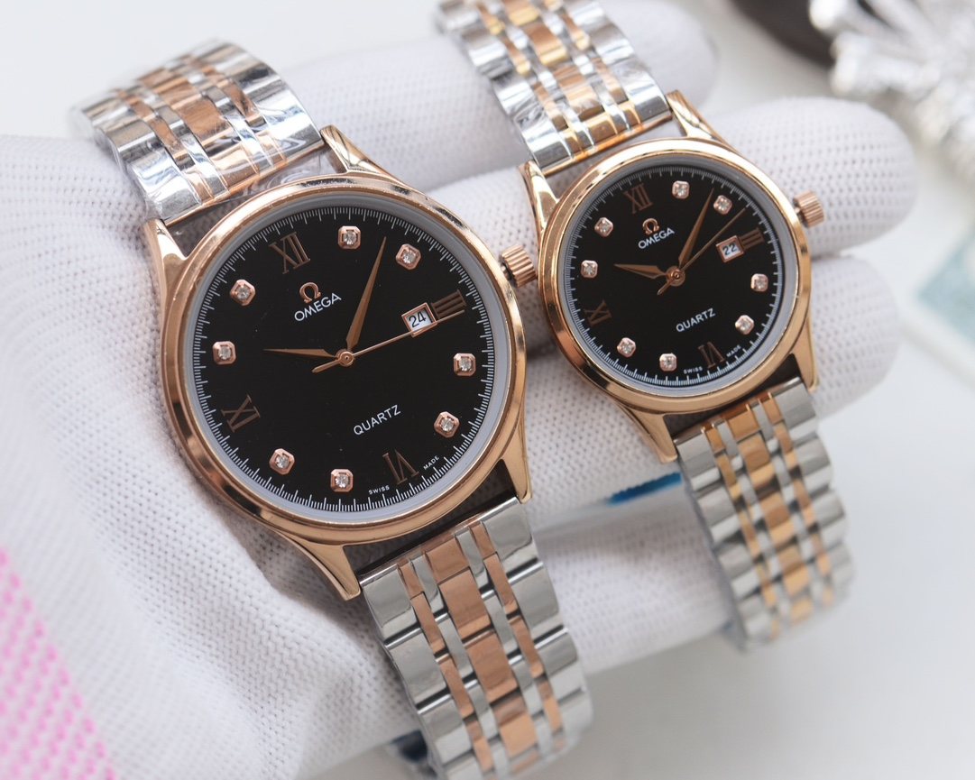 Omega Rose Gold Silver Black Dial Bracelet Couple Watch Set — hero