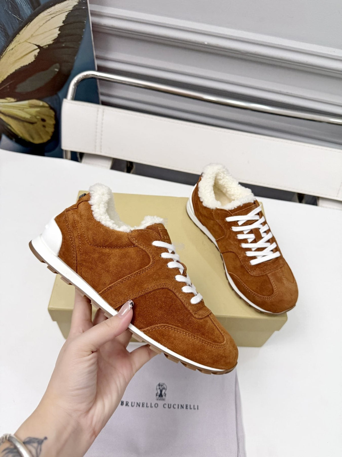 Brunello Cucinelli Brown Shearling-Trim Sneakers — model
