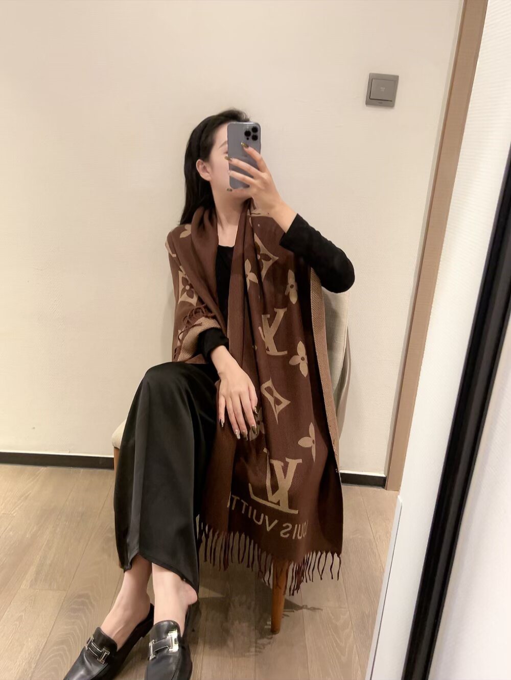 Louis Vuitton Monogram Fringed Scarf — model