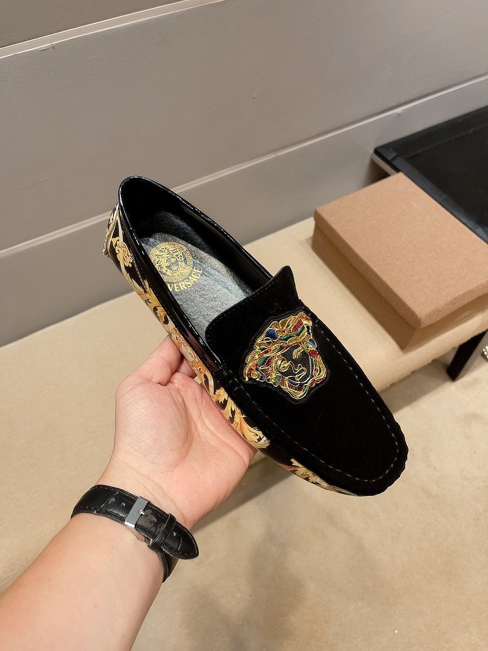 Black Gold Ornamental Slip-On Loafers — front
