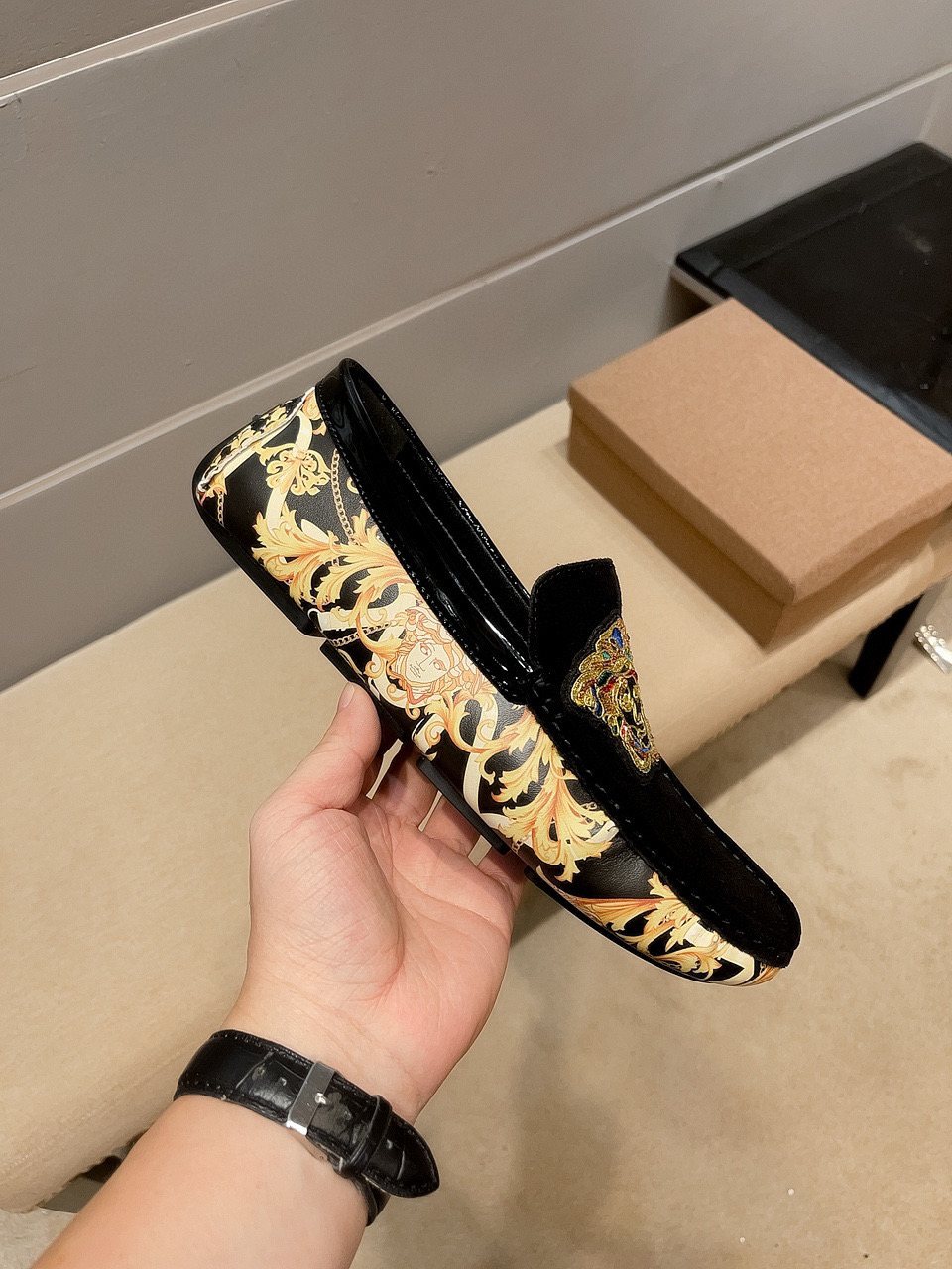Black Gold Ornamental Slip-On Loafers — side