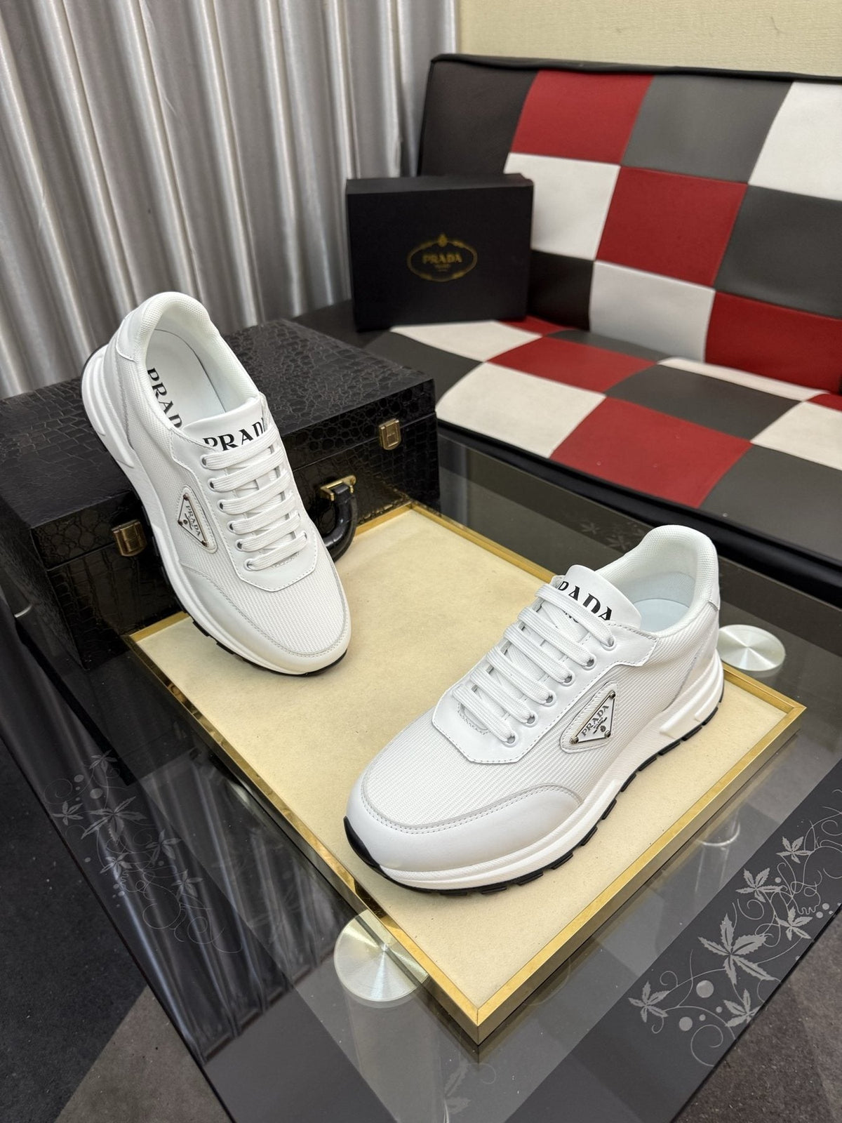 Prada White Textured Low-Top Sneakers — side