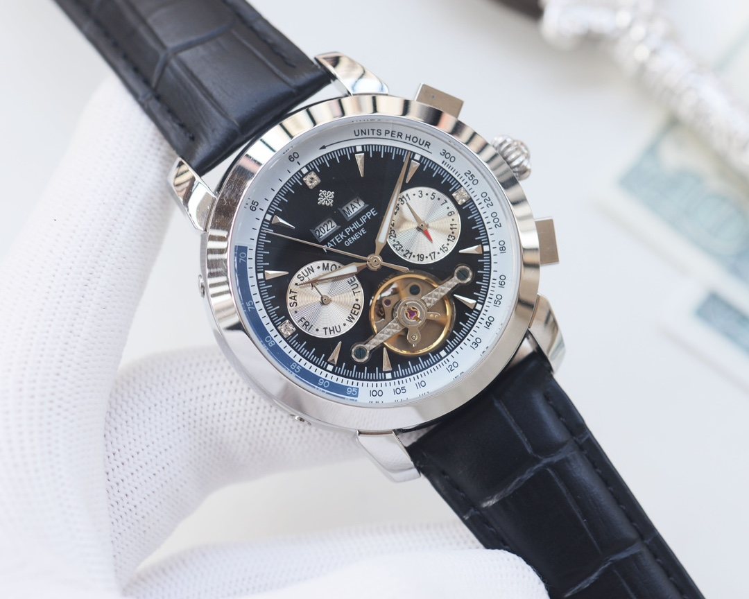 Patek Philippe Silver Black Dial Leather Strap Watch — hero