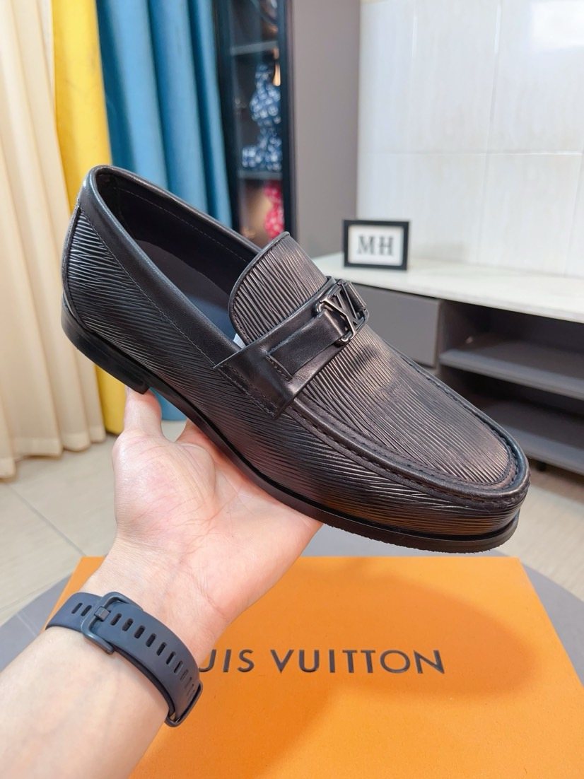 Louis Vuitton Black Textured Bar Slip-On Shoes — model