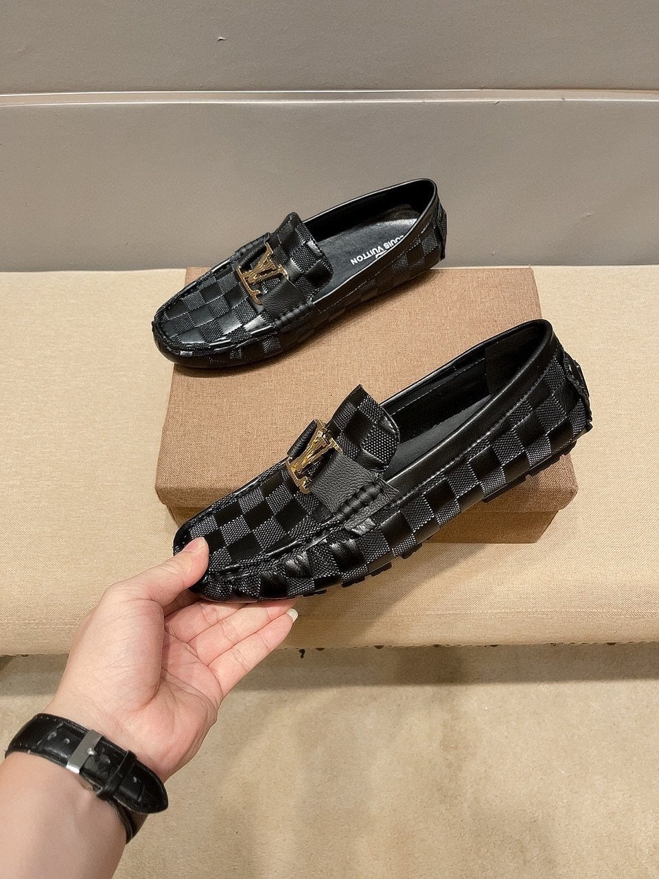 Louis Vuitton Checker-Woven Buckle Loafers — front