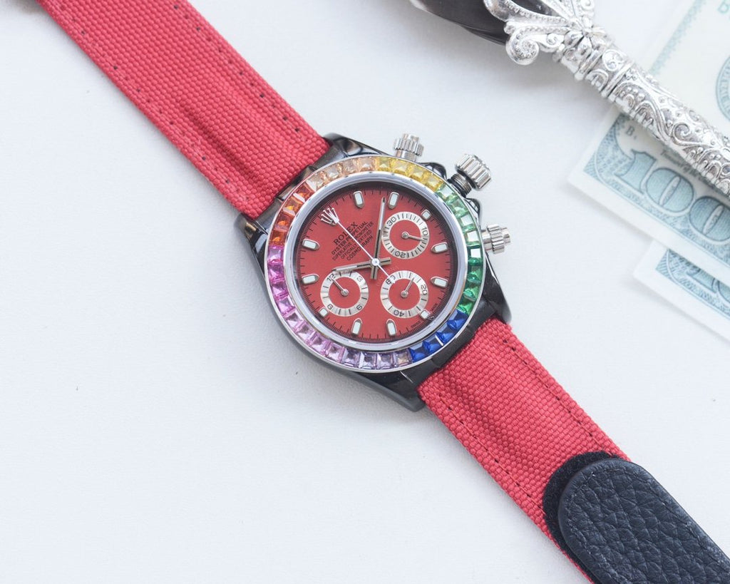 Rolex Silver Red Dial Strap Watch — hero