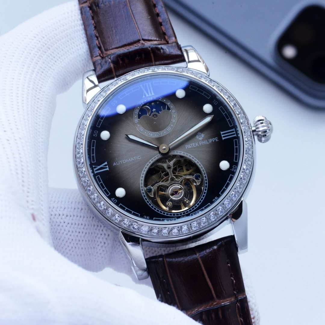 Patek Philippe Silver Brown Blue Dial Leather Strap Watch — hero