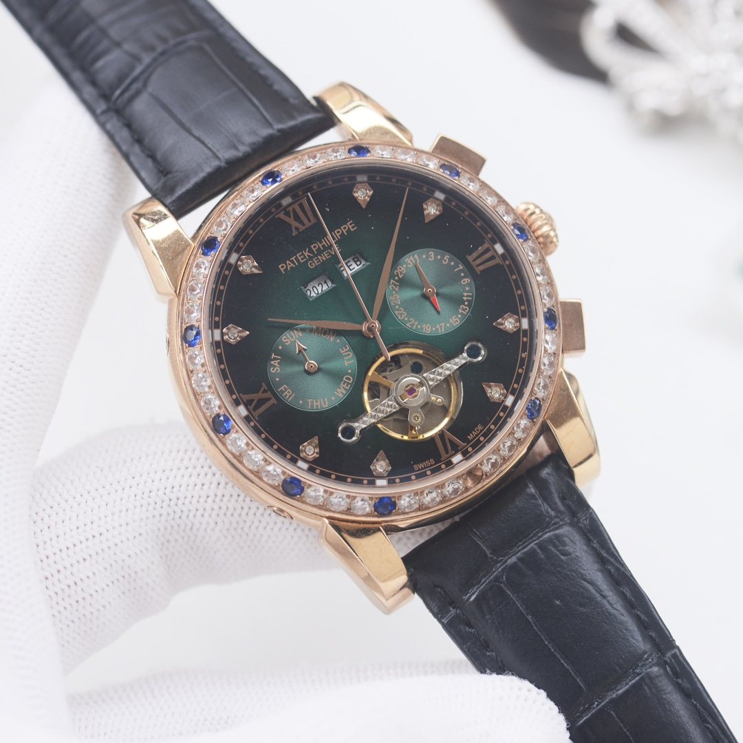 PATEK PHILIPPE Rose Gold Green Blue Dial Strap Watch — hero