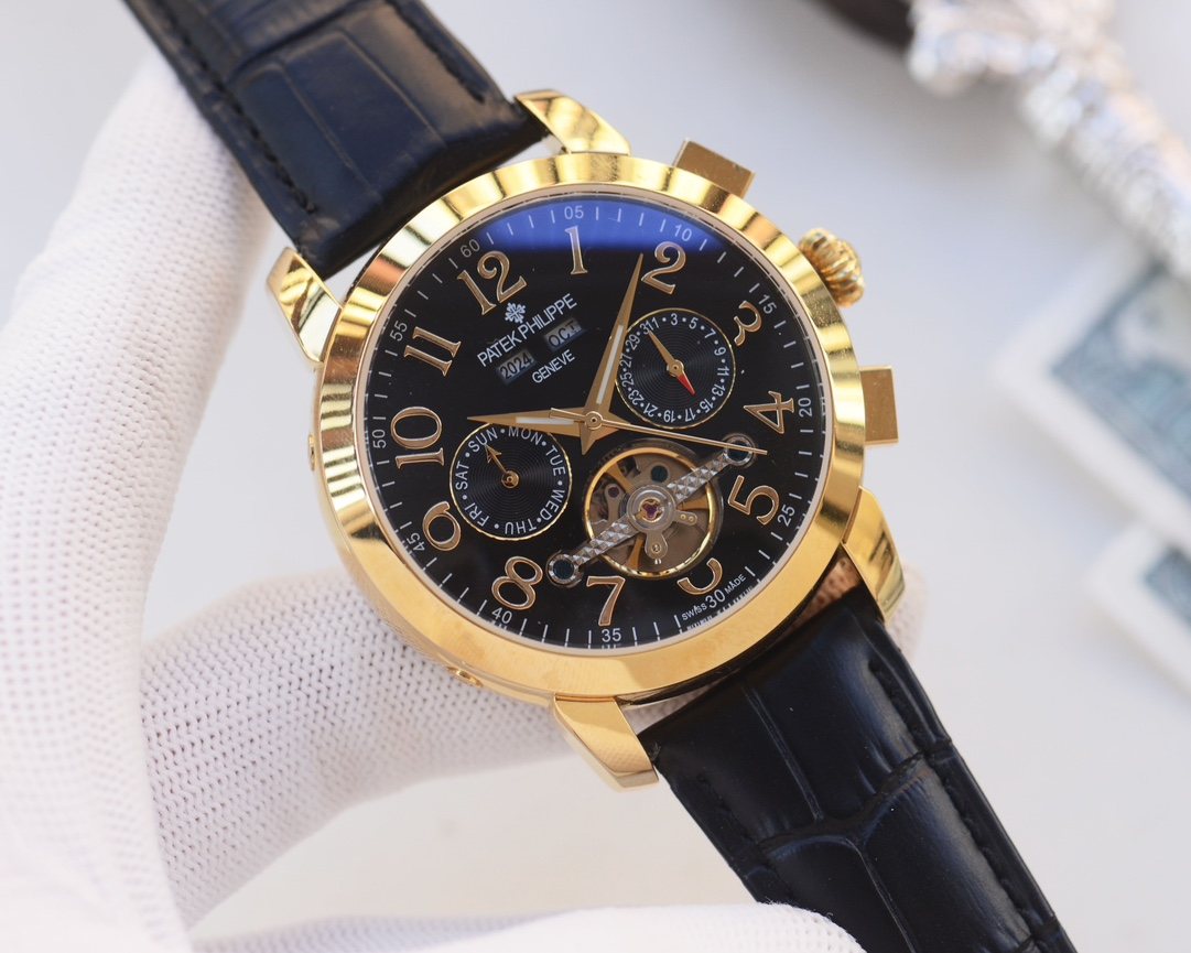 Patek Philippe Gold Black Dial Strap Watch — hero