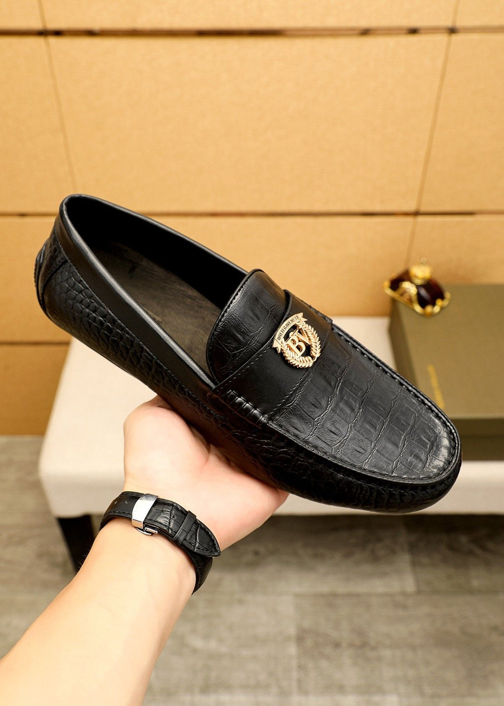 Bottega Veneta Black Textured Loafers — model