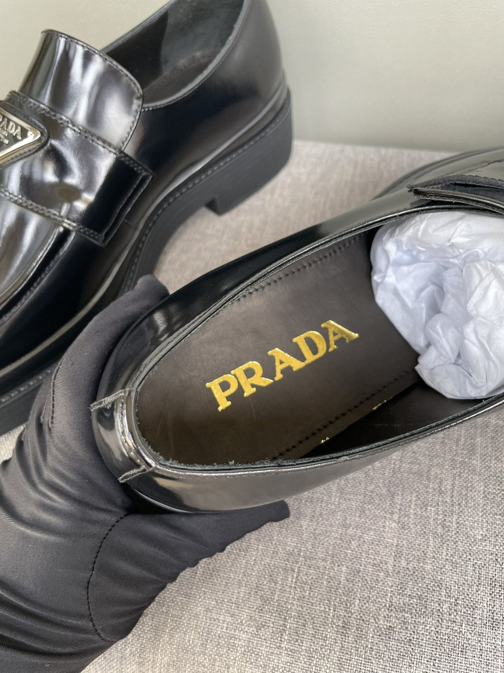 PRADA Black Glossy Plaque Loafers — detail