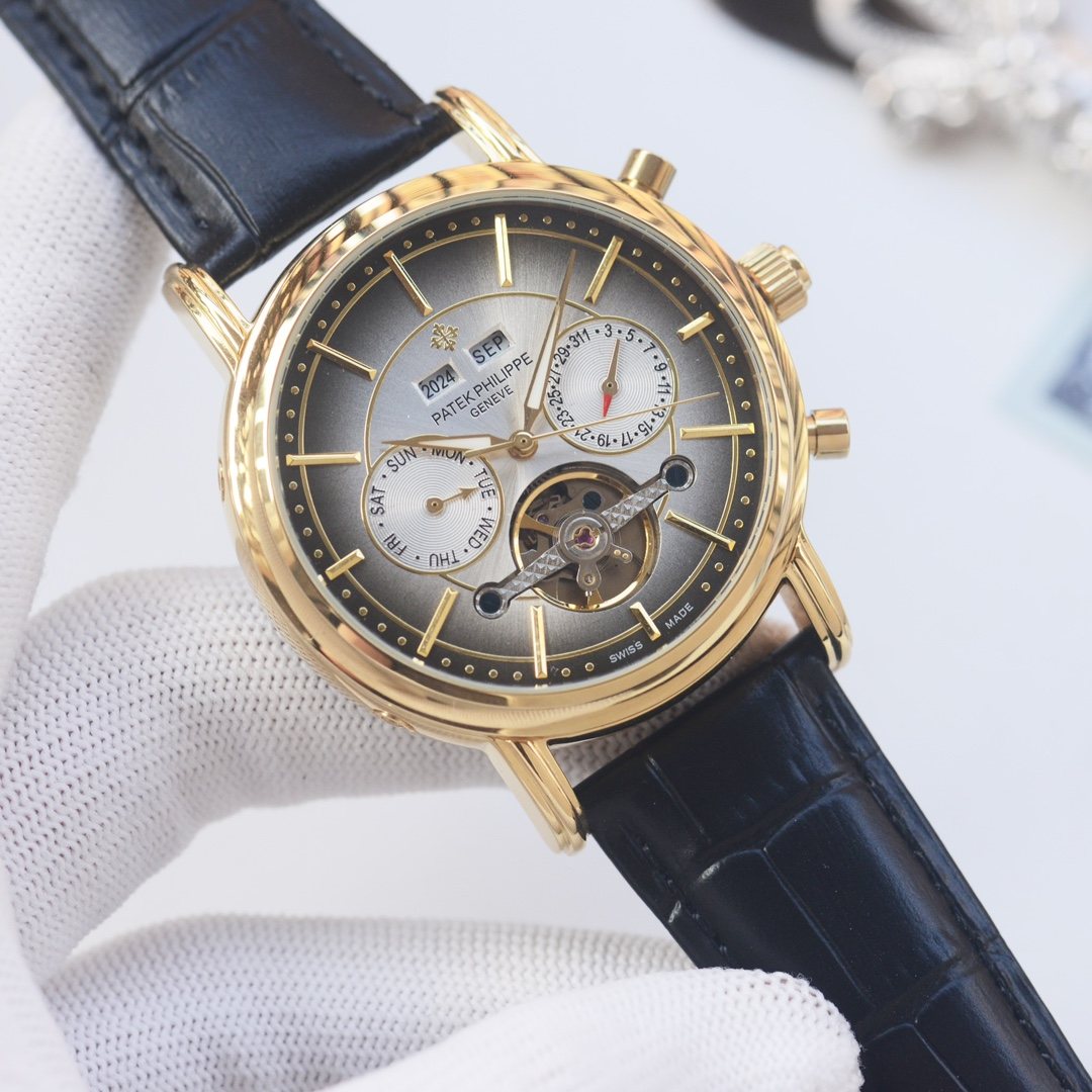 PATEK PHILIPPE Gold Black Dial Leather Strap Watch — hero