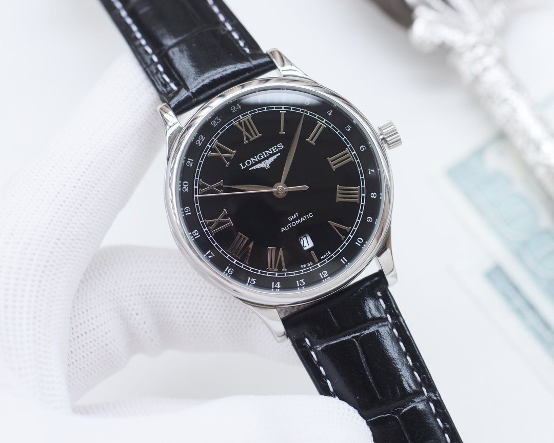 Longines Silver Black Dial Leather Strap Watch — front